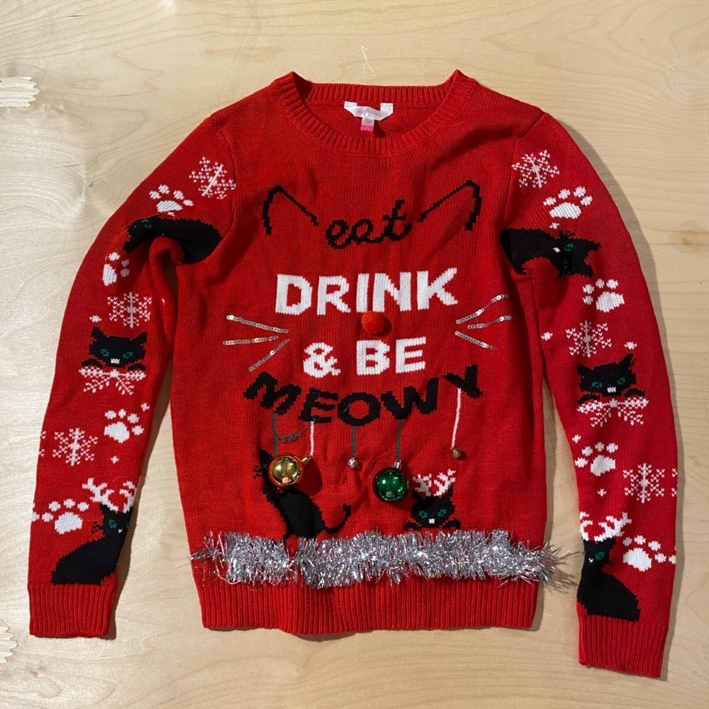 No Boundaries Red Cat Holiday Sweater Medium (7-9) (JB)